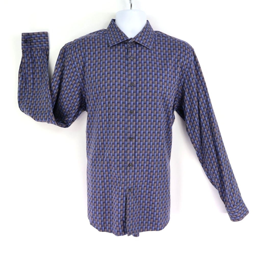 Pronto Uomo Dress Shirt Mens Sz L Dark Blue Geometric 100% Cotton Spread Collar‎